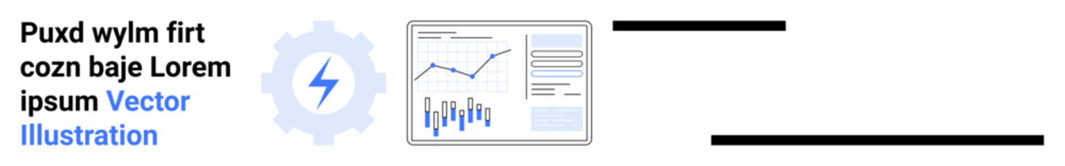 Graph with uptrend, bar chart, cogwheel with lightning bolt, lorem ipsum text. Themes Ideal for business analytics, data visualization, performance tracking, financial reporting, business