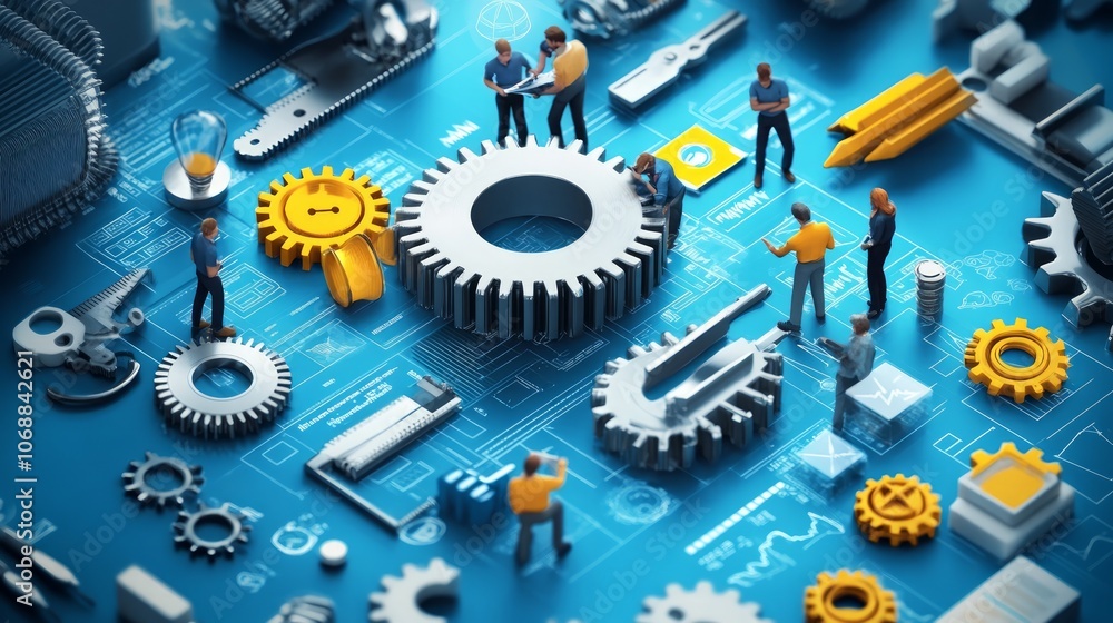 Poster tiny workers collaborate around a large gear on a blueprint background, symbolizing teamwork and ind