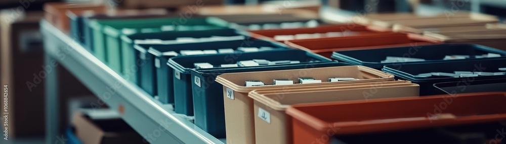 Poster sorting bins filled with labeled items for efficient retail storage solutions
