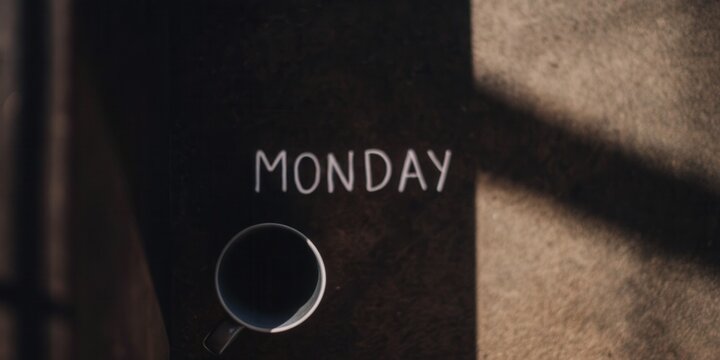 Coffee Cup and "Monday" Text in Morning Light
