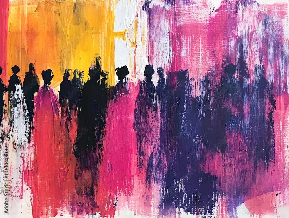 Poster artistic interpretation of crowd dynamics in vibrant colors