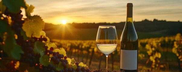 Wine bottle and glass in vineyard at sunset, serene evening. Wine tasting and relaxation concept