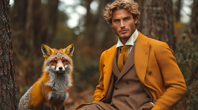 Fashionable young man with red fox in autumn forest. Fashion shot.