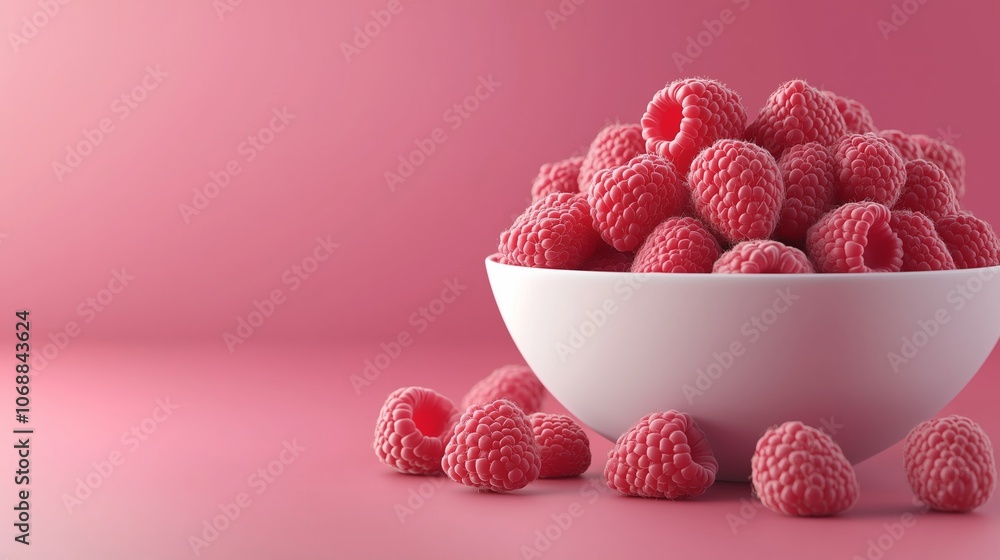 Aufkleber fresh raspberries in a white bowl on a pink background with scattered berries creating a vibrant and