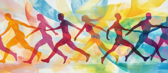 Silhouettes of people running with colorful abstract background.