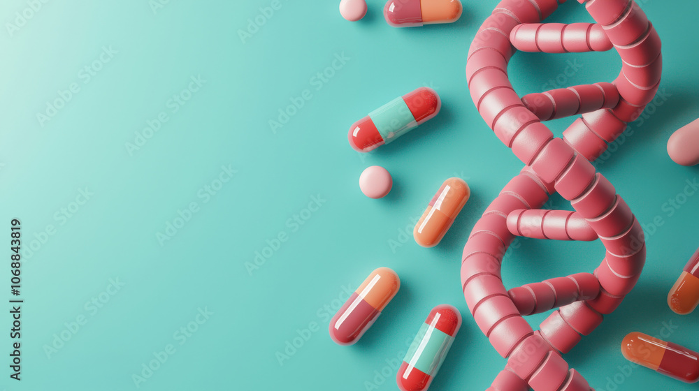 Aufkleber 3d rendering of double helix dna structure with colorful capsules surrounding it, symbolizing connec
