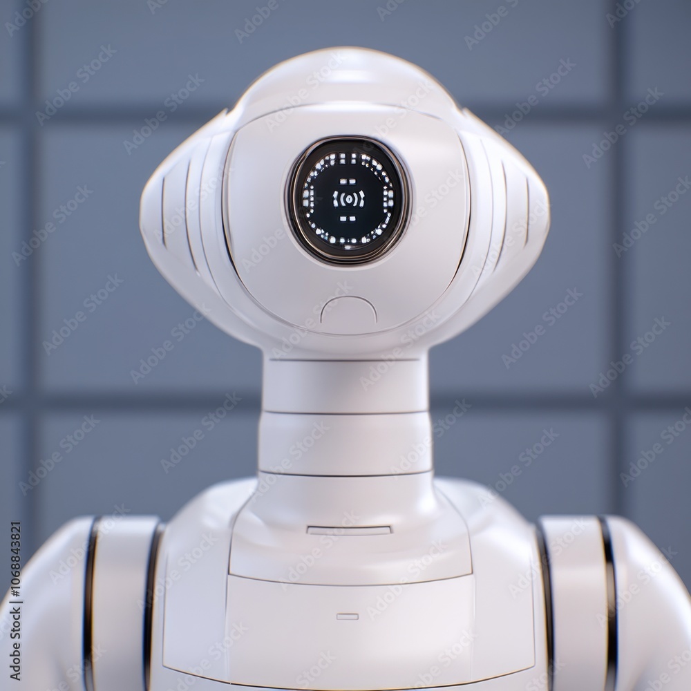 Poster a close-up shot of a white robot with a large circular lens on its head.