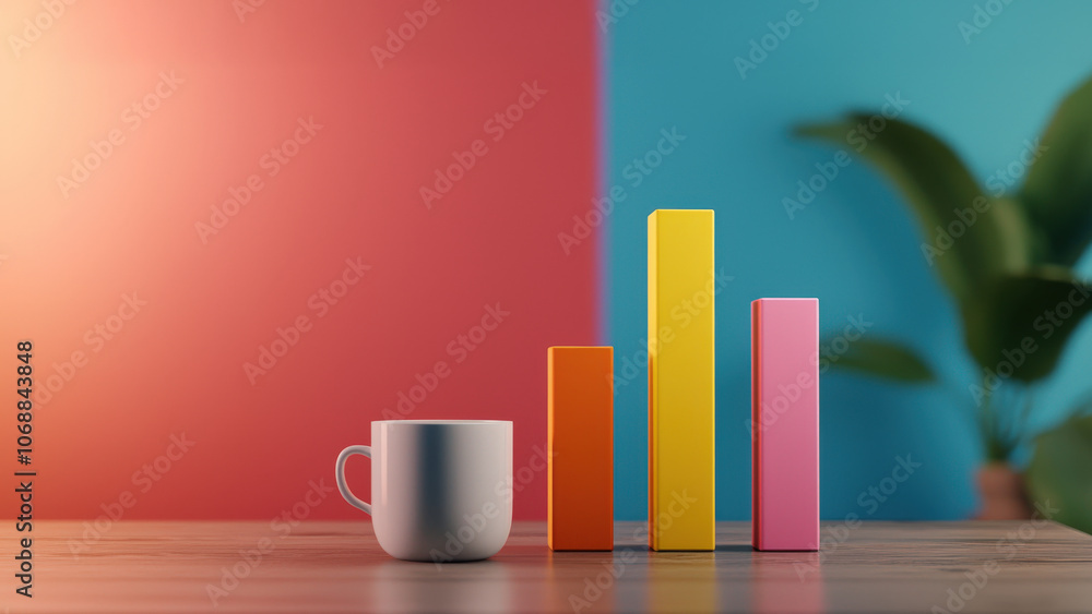 Poster colorful bar graph with data visualization and coffee cup on table, showcasing growth and analysis i