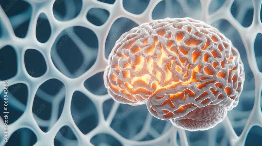 Poster 3d render of abstract medical background featuring close up view of brain with intricate neural patt