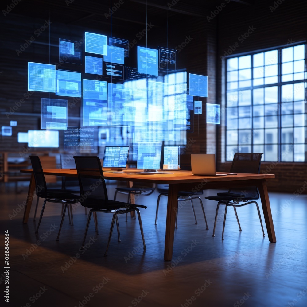 Poster a conference room with a large window and a table with chairs, with a wall of digital screens showin