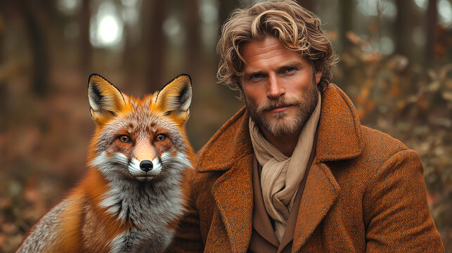 Portrait of a handsome young man with a fox in the forest