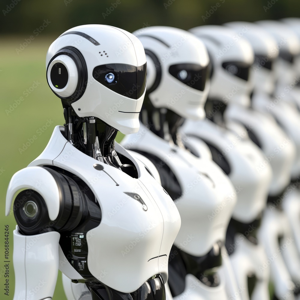 Poster a line of white humanoid robots standing in a row, with the first robot in focus and the others blur