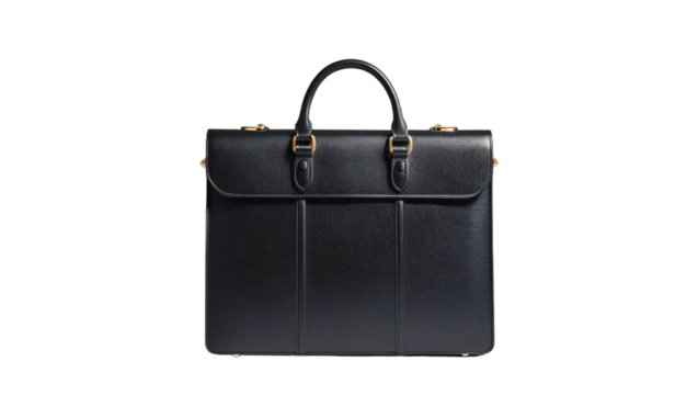 Black leather briefcase isolated on transparent background