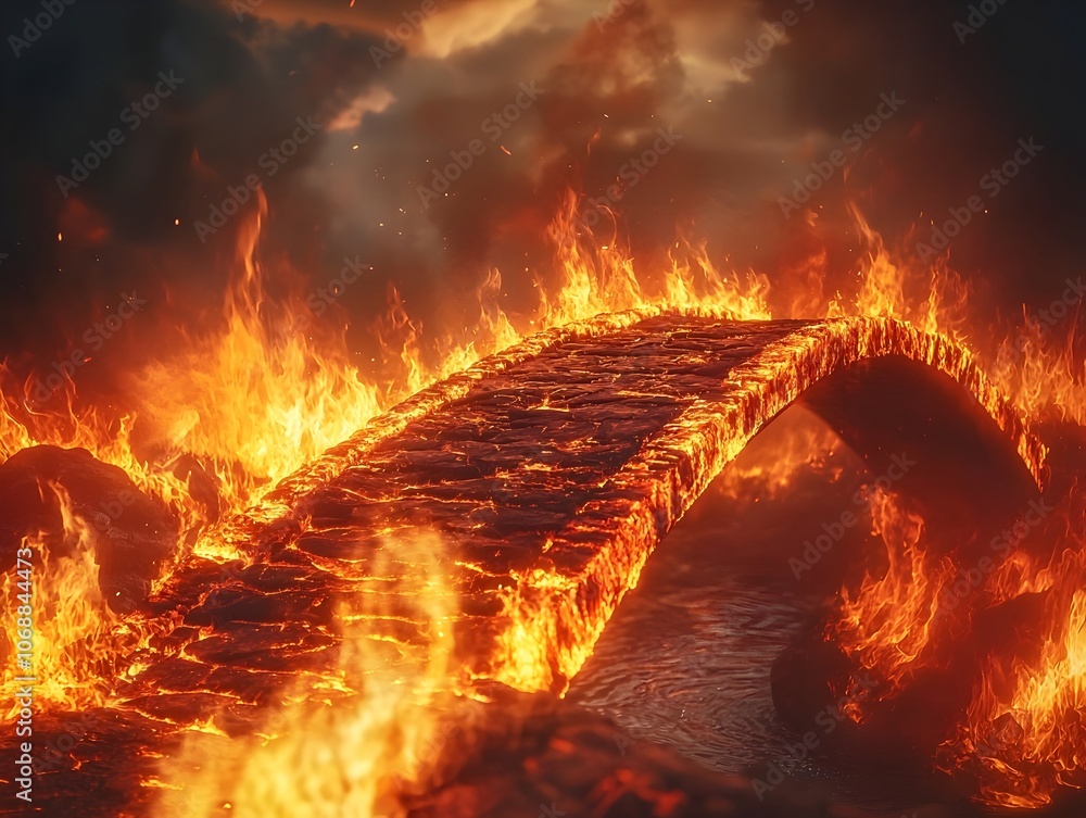 Poster burning bridge over fiery river representing destruction and path forward abstract concept