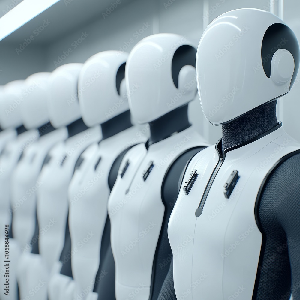 Poster a row of white humanoid robots stand in a line, looking ahead in unison.