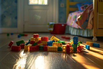 Scattered building block toys on a bedroom floor