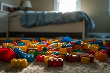 Fototapeta premium Scattered building block toys on a bedroom floor