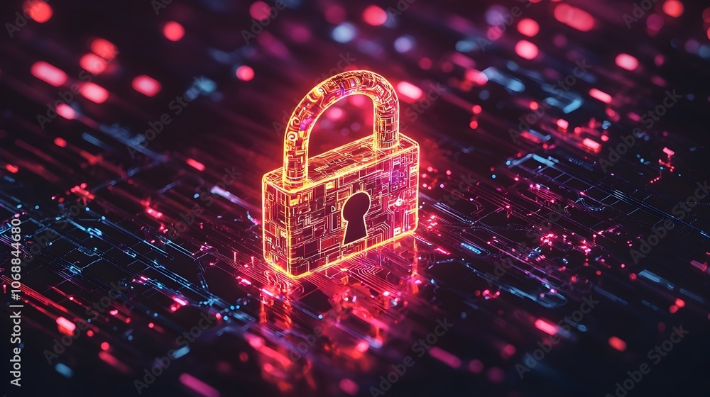 Poster futuristic glowing padlock icon made of neon circuits floating in digital grid symbolizing cybersecu