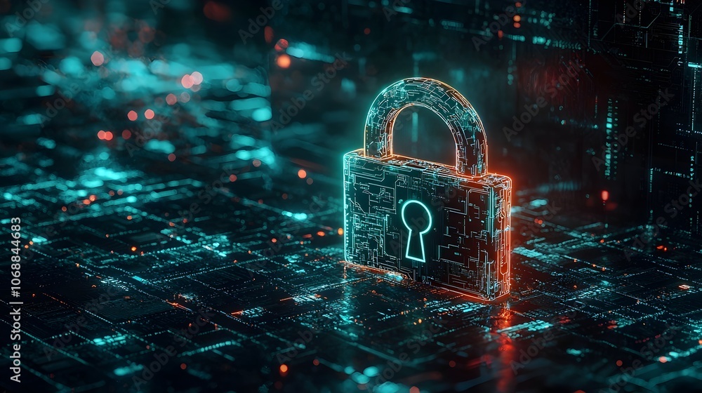 Poster glowing futuristic neon padlock icon floating in digital grid symbolizing cybersecurity and data pro