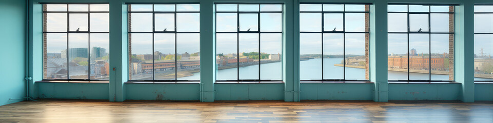 Naklejka premium Spacious Room with Panoramic River Views Through Windows