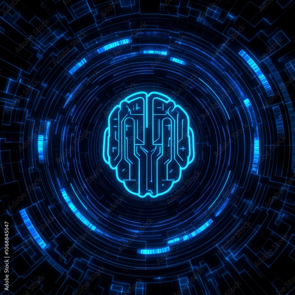 Poster abstract digital brain icon with glowing blue lines, surrounded by concentric circles, representing 