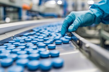 Fototapeta premium Close up of a pharmaceutical production line with gloved hands