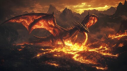 Mythical Fire Dragon Breathing Molten Flames Over Scorched Mountainous Landscape