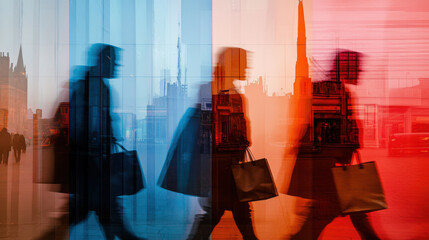 People walking in front of colorful backdrop, creating dynamic urban scene. silhouettes convey movement and energy in vibrant city setting