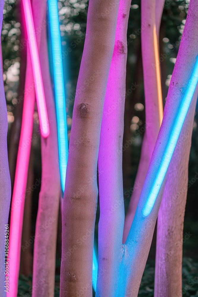 Poster a tree with neon lights on it. the lights are in different colors and are arranged in a way that the