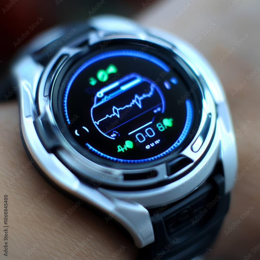 Poster closeup of a smartwatch with heart rate monitor display on the wrist.
