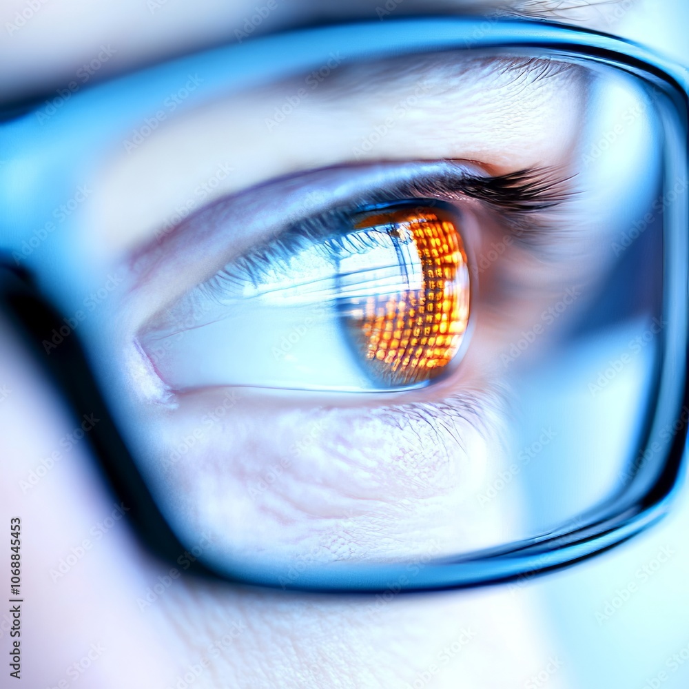 Poster close-up of an eye with a digital circuit board reflection.