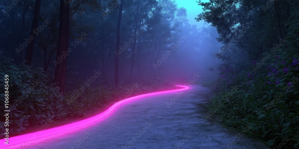 Poster a forest path is lit up in pink. the path is lined with trees and bushes. the pink light creates a s