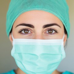 Close-up portrait of a female doctor wearing a surgical mask and cap, looking directly at the camera.