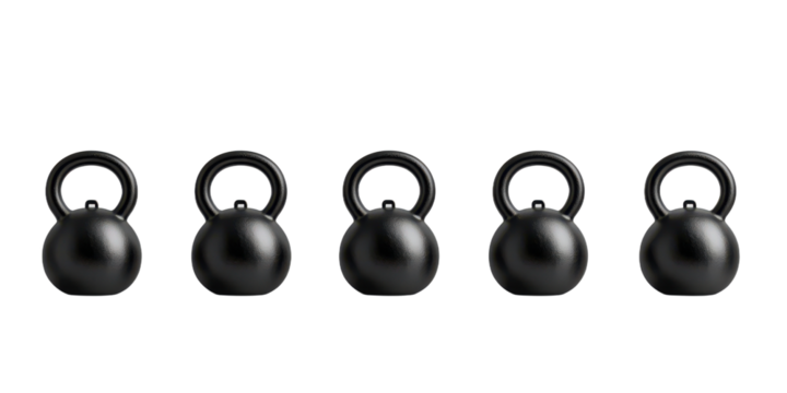 Black Kettlebells in a Row  on transparent background