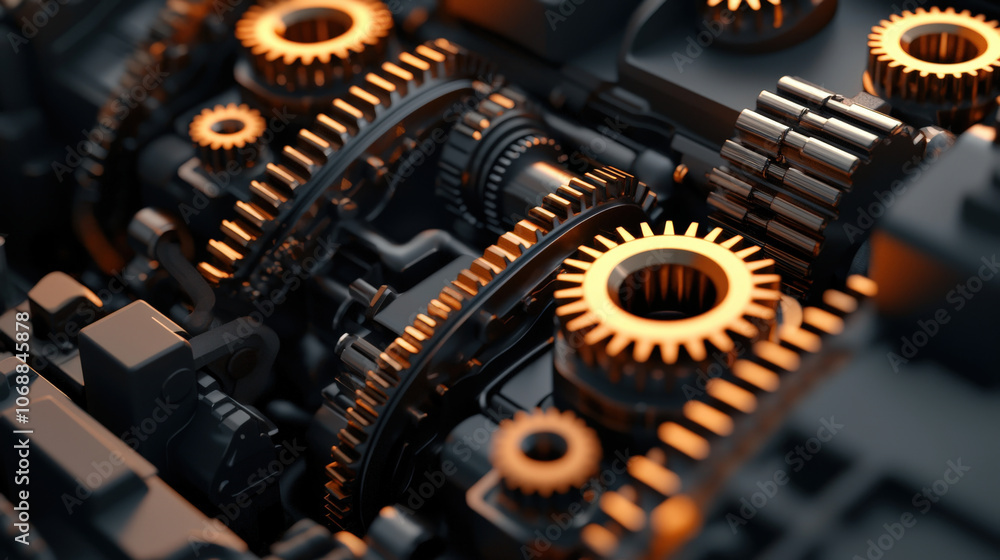 Poster close up of gears and mechanics inside automobile engine, showcasing intricate details and metallic 