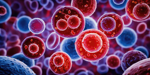 Close up view of blood cells with molecular structures, showcasing intricate details