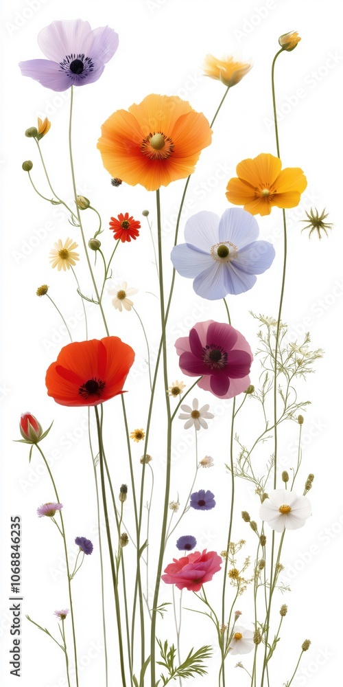 Poster a colorful bouquet of flowers with a white background. the flowers are of various colors and sizes, 