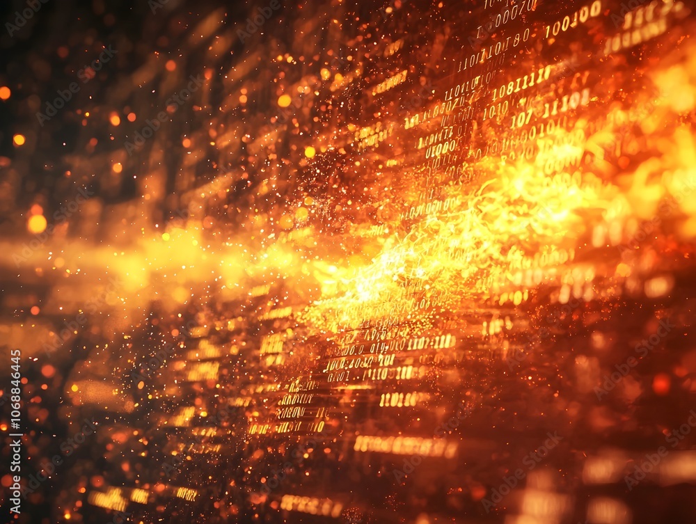 Poster fireball explosion transforming into digital binary code landscape