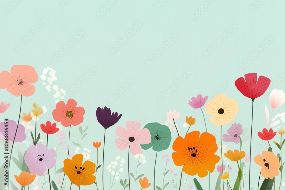 Poster a colorful field of flowers with a blue sky background. the flowers are arranged in a way that creat