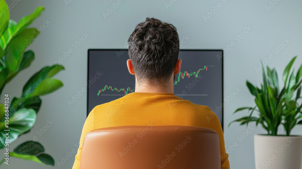 Poster stylish office setup with computer monitor displaying stock market trends. person is focused on fina