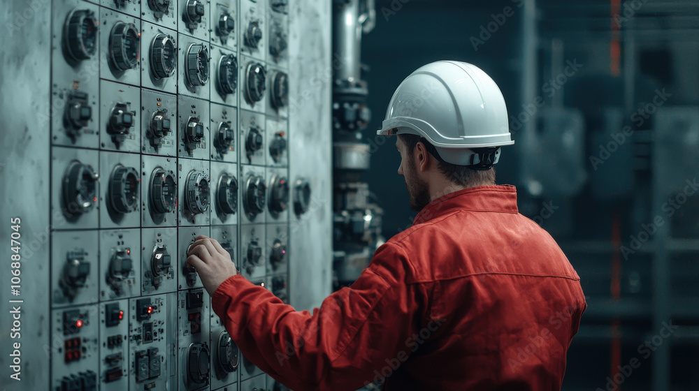 Poster power engineer in hard hat is analyzing data at control panel, ensuring optimal performance and safe