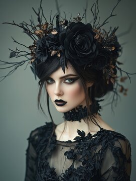 A striking portrait featuring a model with a dark floral headdress and dramatic makeup, evoking a gothic aesthetic, Ideal for fashion, beauty, or artistic themes in design projects,