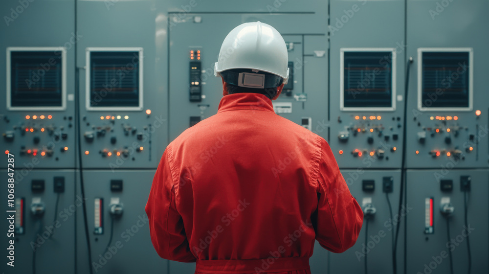 Aufkleber power engineer in red jumpsuit and helmet analyzes data at control panel, ensuring operational effic
