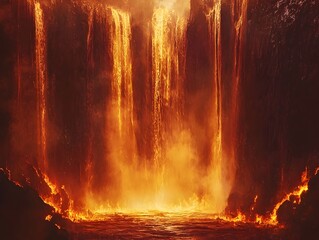 Fiery Waterfall Cascading Down Cliffside into Molten Lava Pool Below