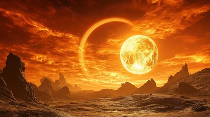 Alien sunset with ringed planet over rocky landscape.