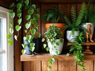 A cozy indoor corner filled with lush plants on wooden shelves, showcasing greenery and decorative elements during bright daylight