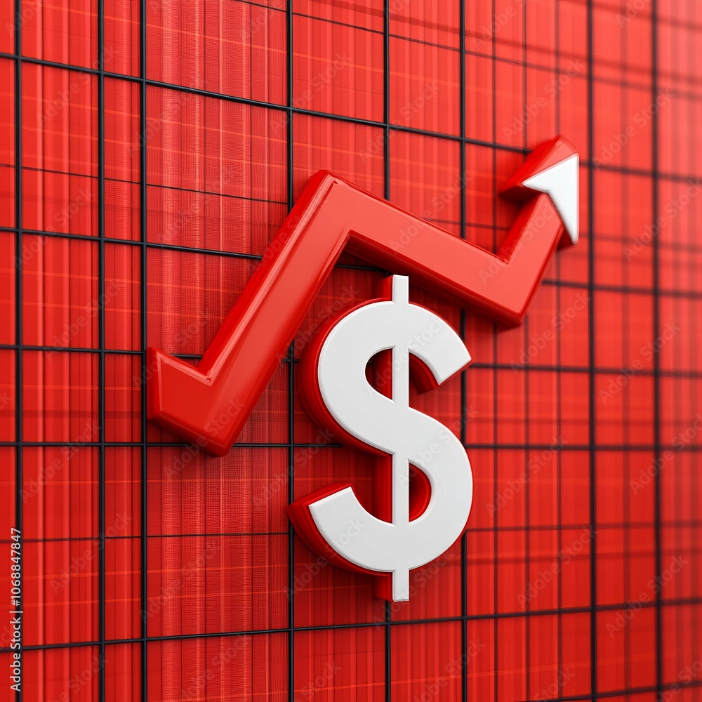 Aufkleber a white dollar sign with a red arrow pointing up on a red grid background.