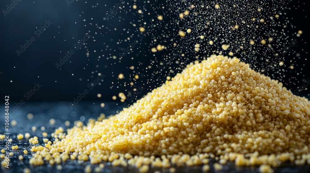 Aufkleber couscous groats are captured mid air highlighting their separation and texture dark backdrop creatin
