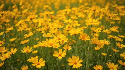 Fototapeta premium Field of golden cosmos flowers with a slight breeze, causing the delicate petals to sway gently, wildflowers, floral arrangement