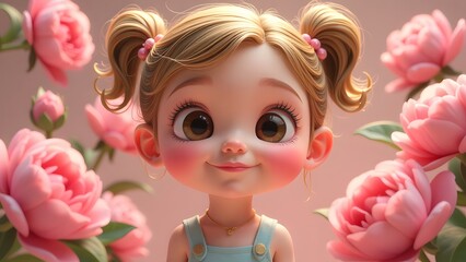 Fototapeta premium A cheerful cartoon girl stands before pink flowers, smiling happily